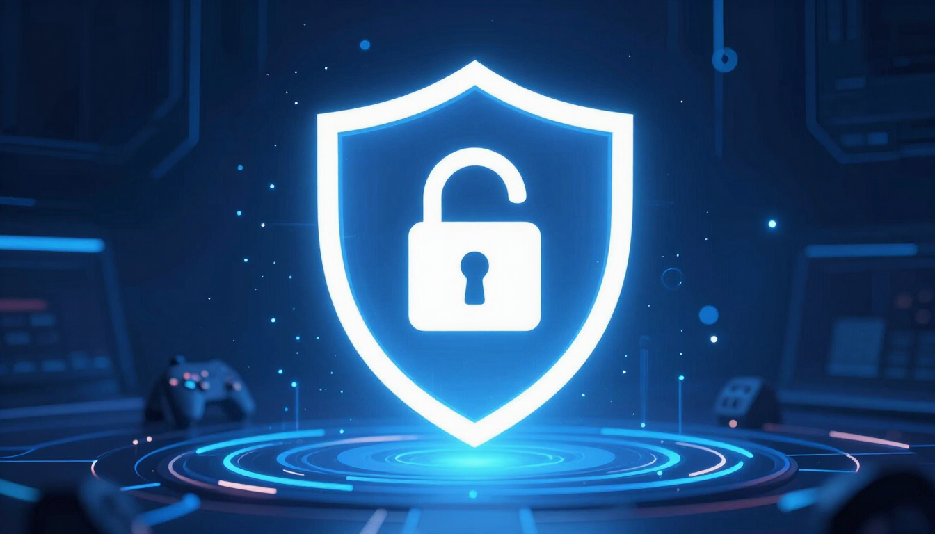 Perisai keamanan digital melindungi akun gaming dari hacker dan scam