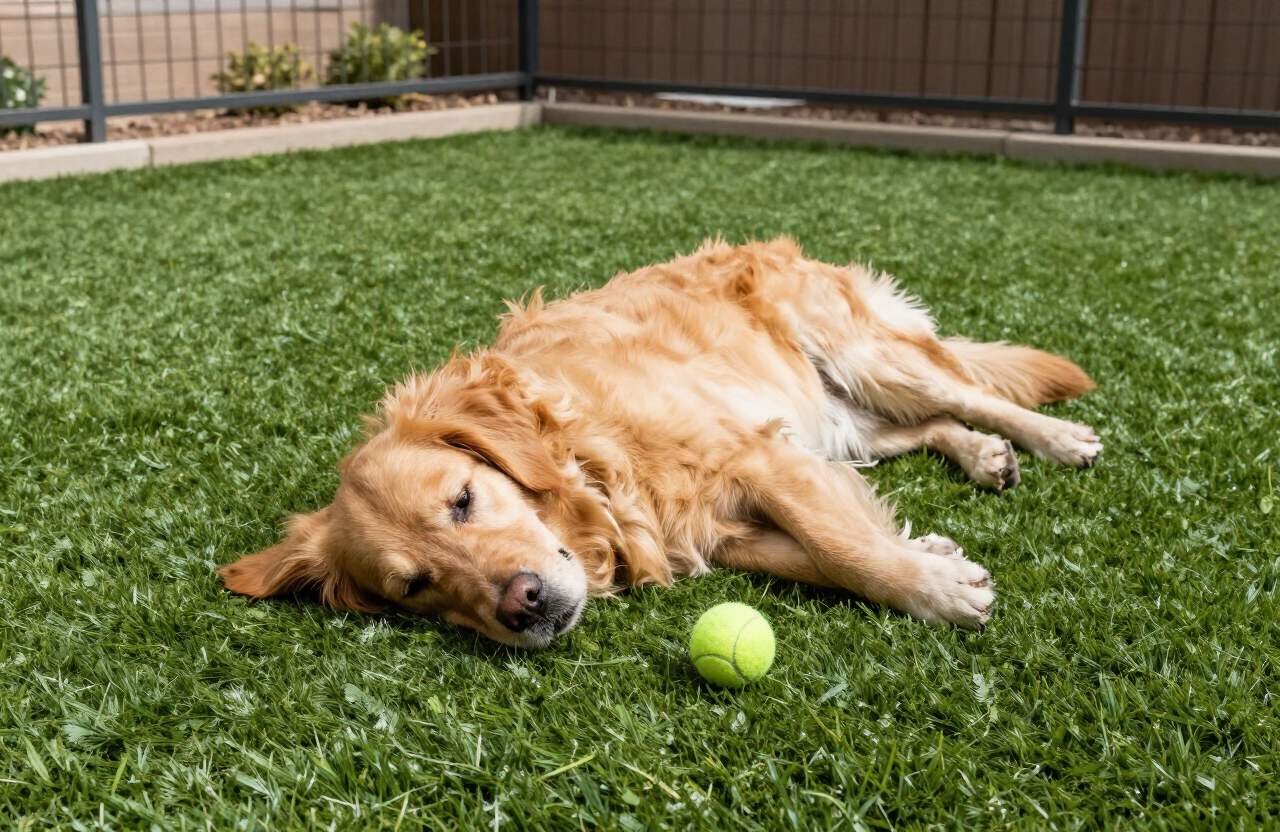 Golden retriever relaxing on durable pet-friendly artificial grass