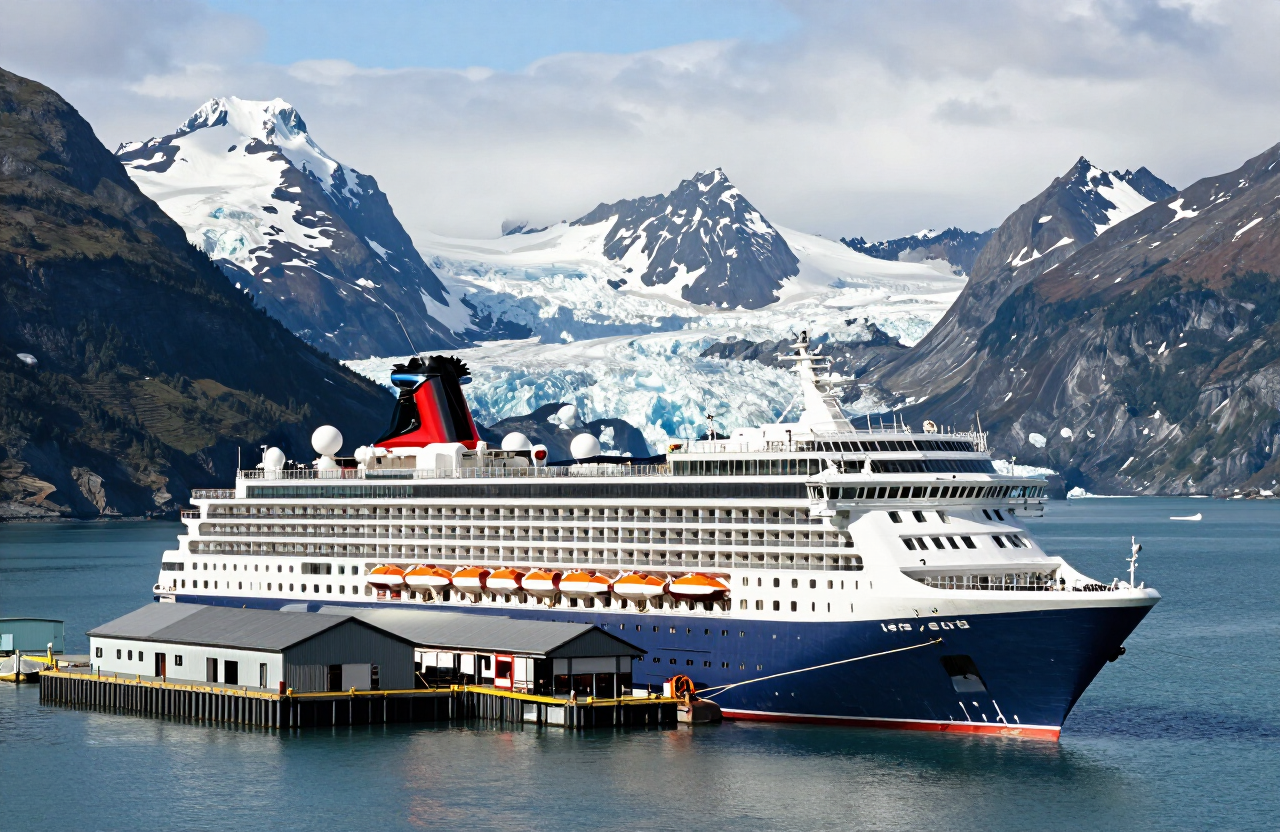 Cruise ship docked at the Port of Seward cruise terminal in Alaska, with snow-capped mountains and glaciers of Resurrection Bay in the background