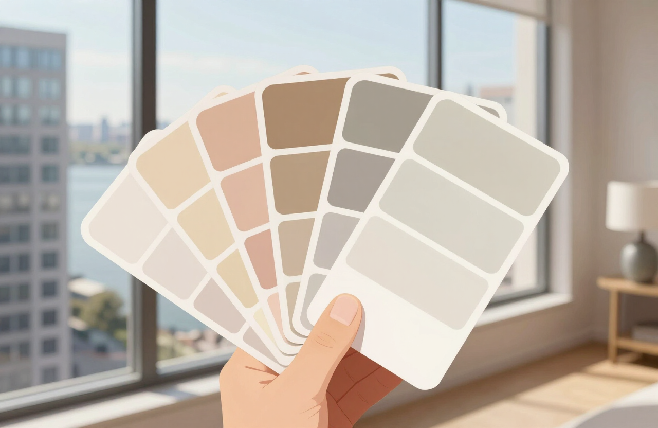 Illustrative paint color swatch samples near a floor-to-ceiling window in a Fort Lee NJ high-rise with Hudson River daylight