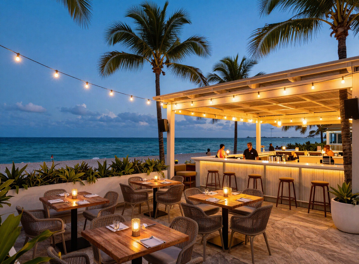Coastal grill restaurant with string lights and craft cocktails in Miami Florida at sunset