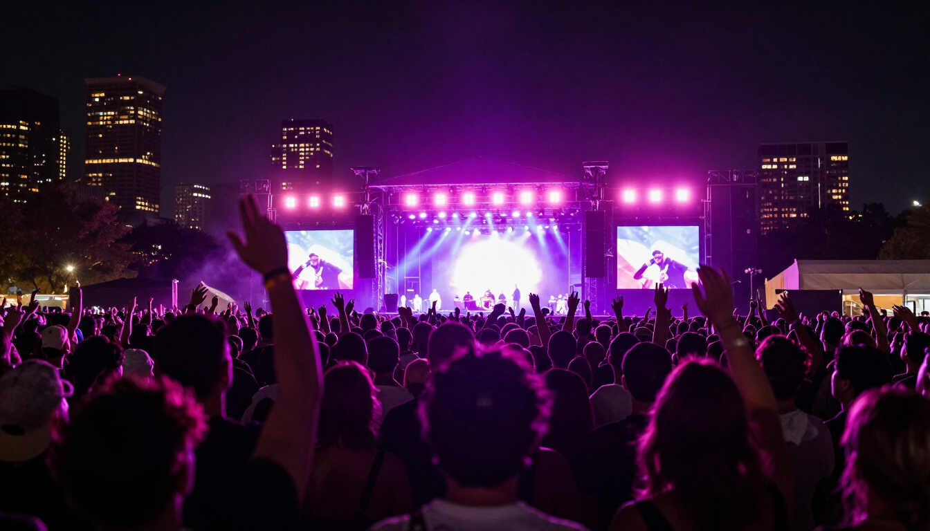 Massive crowd with hands raised at an outdoor hip-hop music festival at night with purple and magenta stage lighting and a city skyline behind
