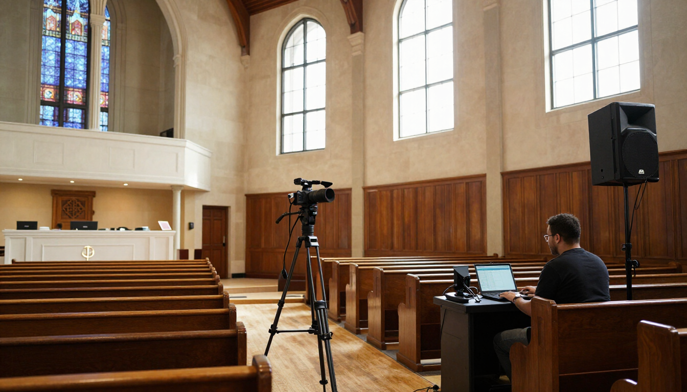 Camera on a tripod and an operator at a laptop in the back of a church sanctuary