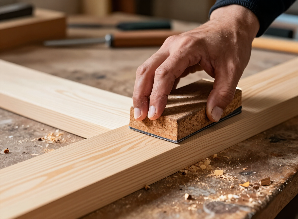 Close-up of a woodworker's hand using a cork sanding block wrapped with sandpaper, sanding along the grain of a pine board on a workbench