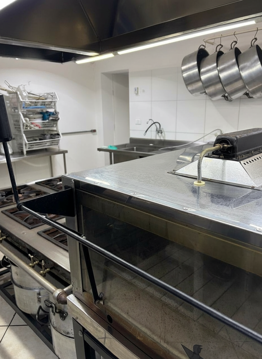 Linha quente com forno, fogões e panelas de inox penduradas sob a coifa