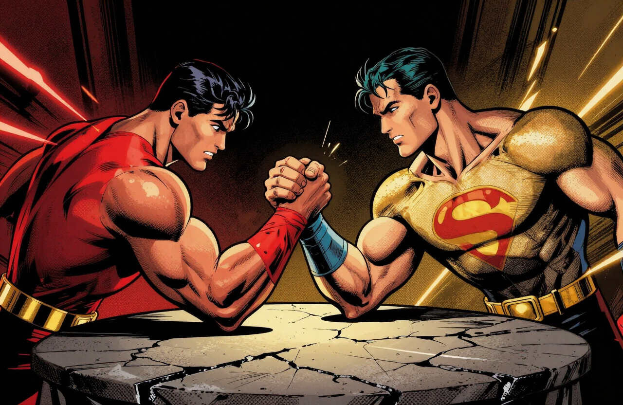 Illustration of two generic superheroes in an arm-wrestling clash with energy sparks