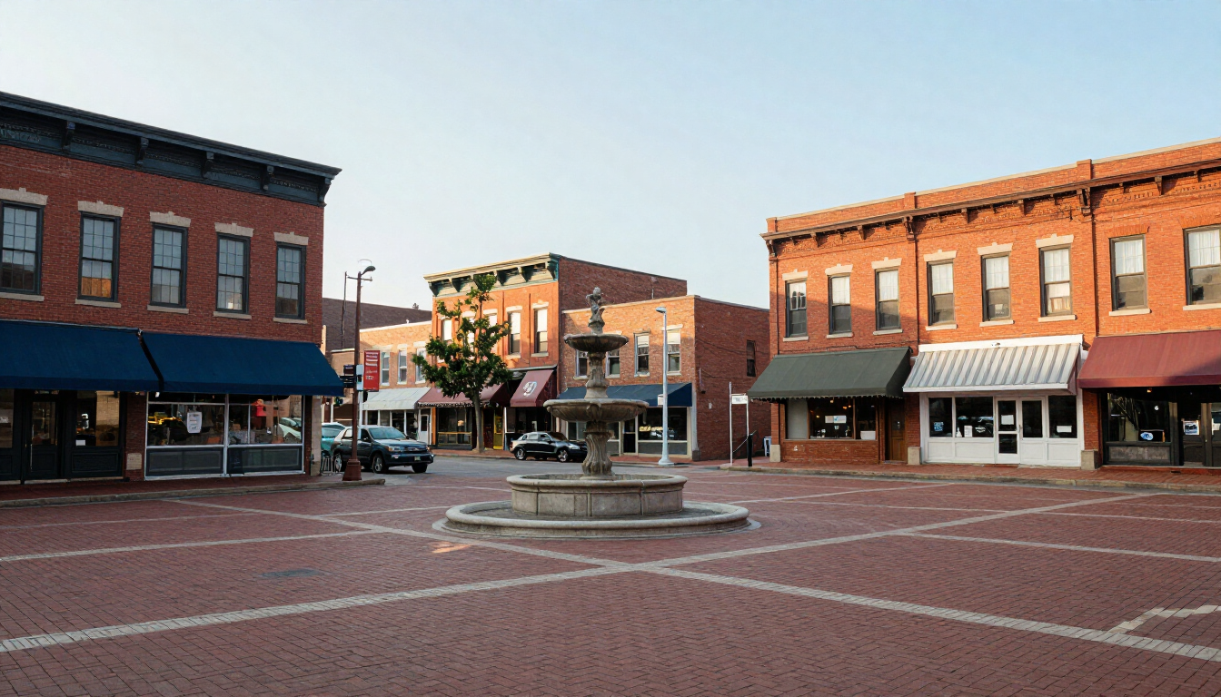 Liberty Missouri historic downtown square with red brick buildings and small-town Main Street