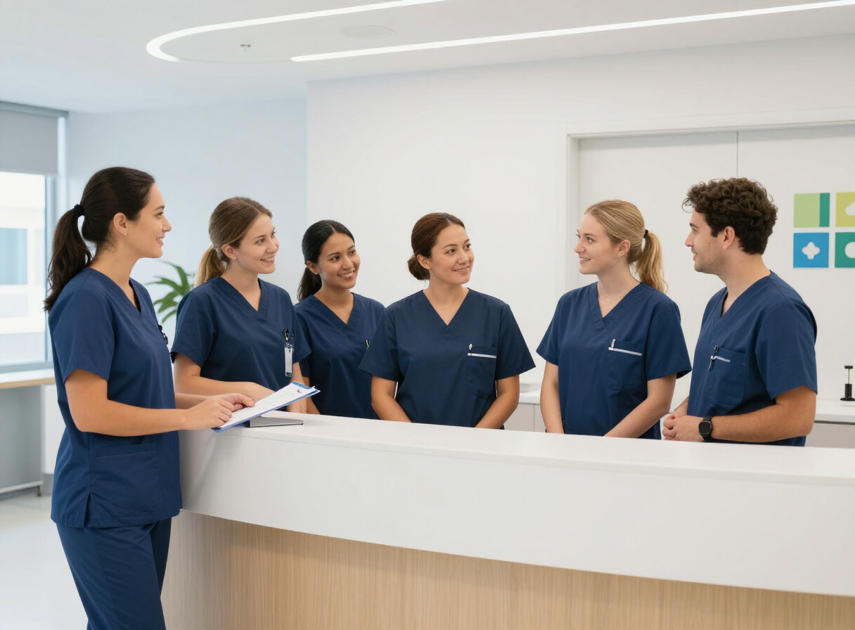 Healthcare team in branded scrubs in an Australian clinic