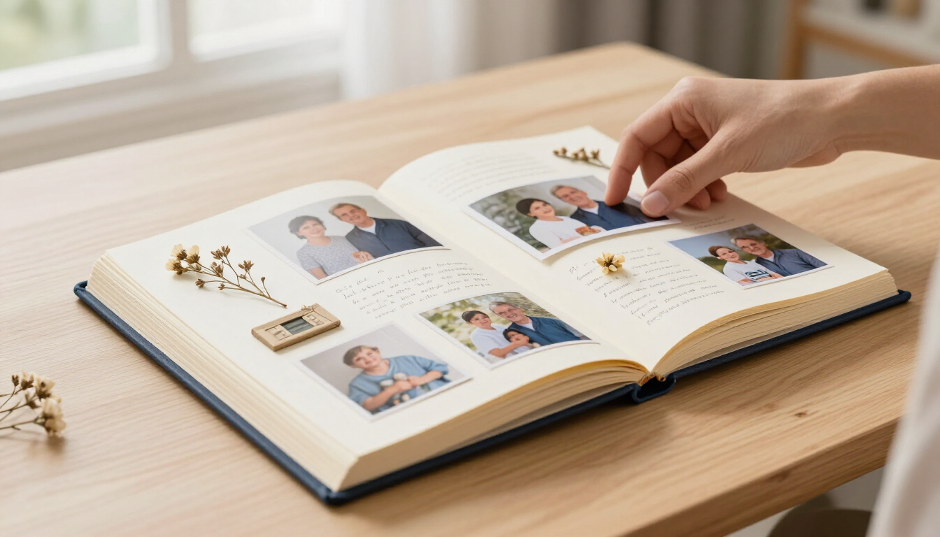Offenes Erinnerungsbuch auf einem Holztisch mit Familienfotos, Notizen und kleinen Erinnerungsstücken – eine Familienchronik Jahr für Jahr Offenes Erinnerungsbuch auf einem Holztisch mit Familienfotos, Notizen und kleinen Erinnerungsstücken – eine Familienchronik Jahr für Jahr