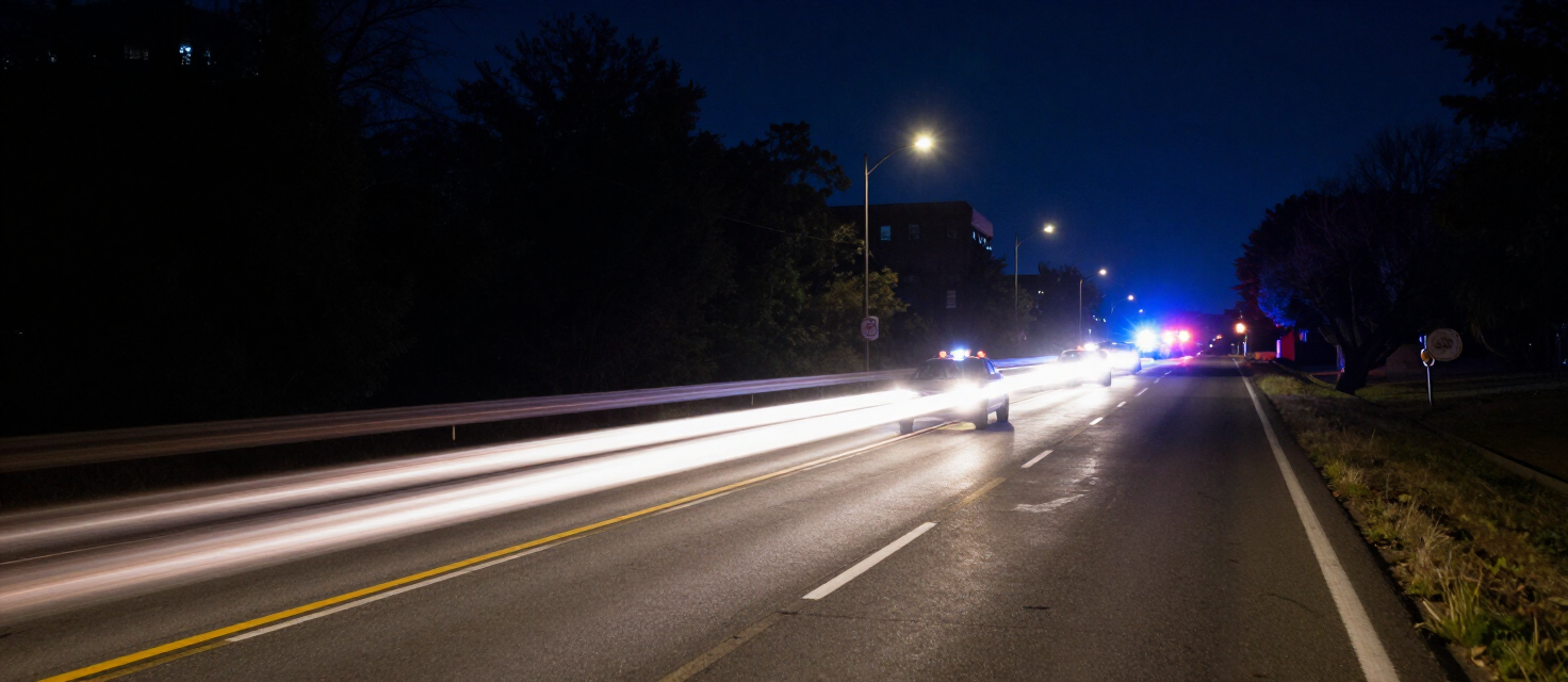 Nighttime Kansas City highway with long-exposure headlight streaks and distant emergency lights