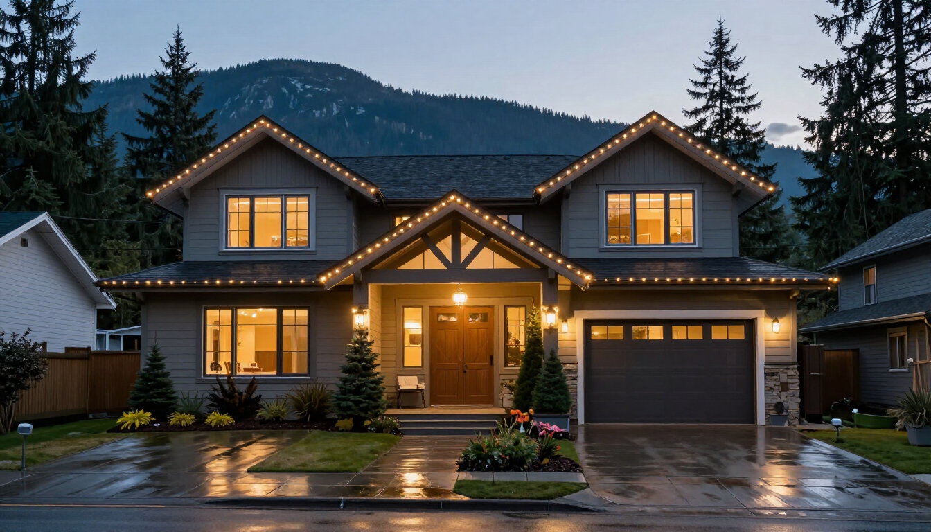 Ridgeline Christmas lights outfitting in Vancouver with LED overhanging icicles and commissioned seasonal lighting configuration.