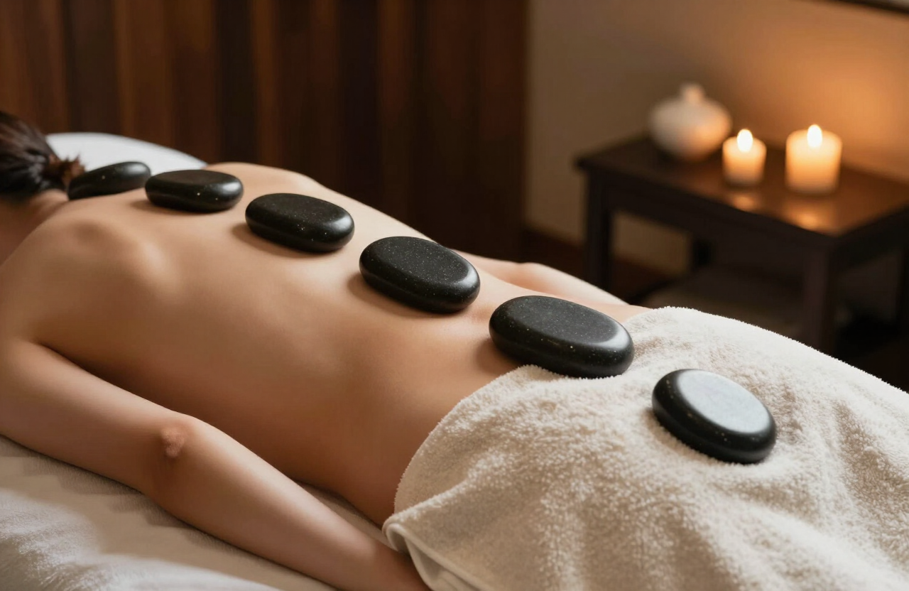 Smooth warm basalt stones arranged along a client’s back during a hot stone massage at Almira Spa, Nairobi