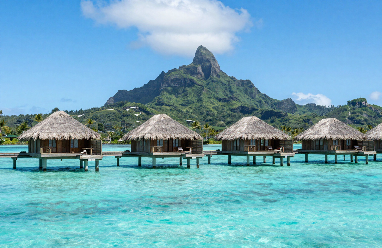 Overwater bungalows under Mount Otemanu.