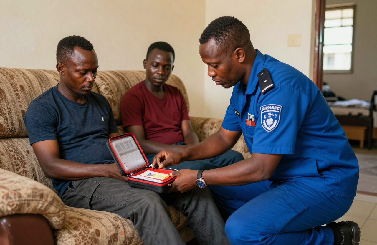 A paramedic providing first aid to a patient at home with an open medical kit