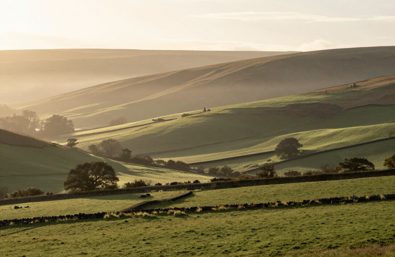 A peaceful Cumbrian countryside landscape with soft rolling hills