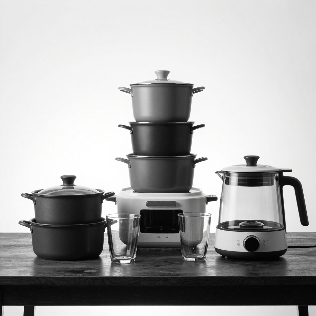 Black and white photo of stacked kitchenware and home goods