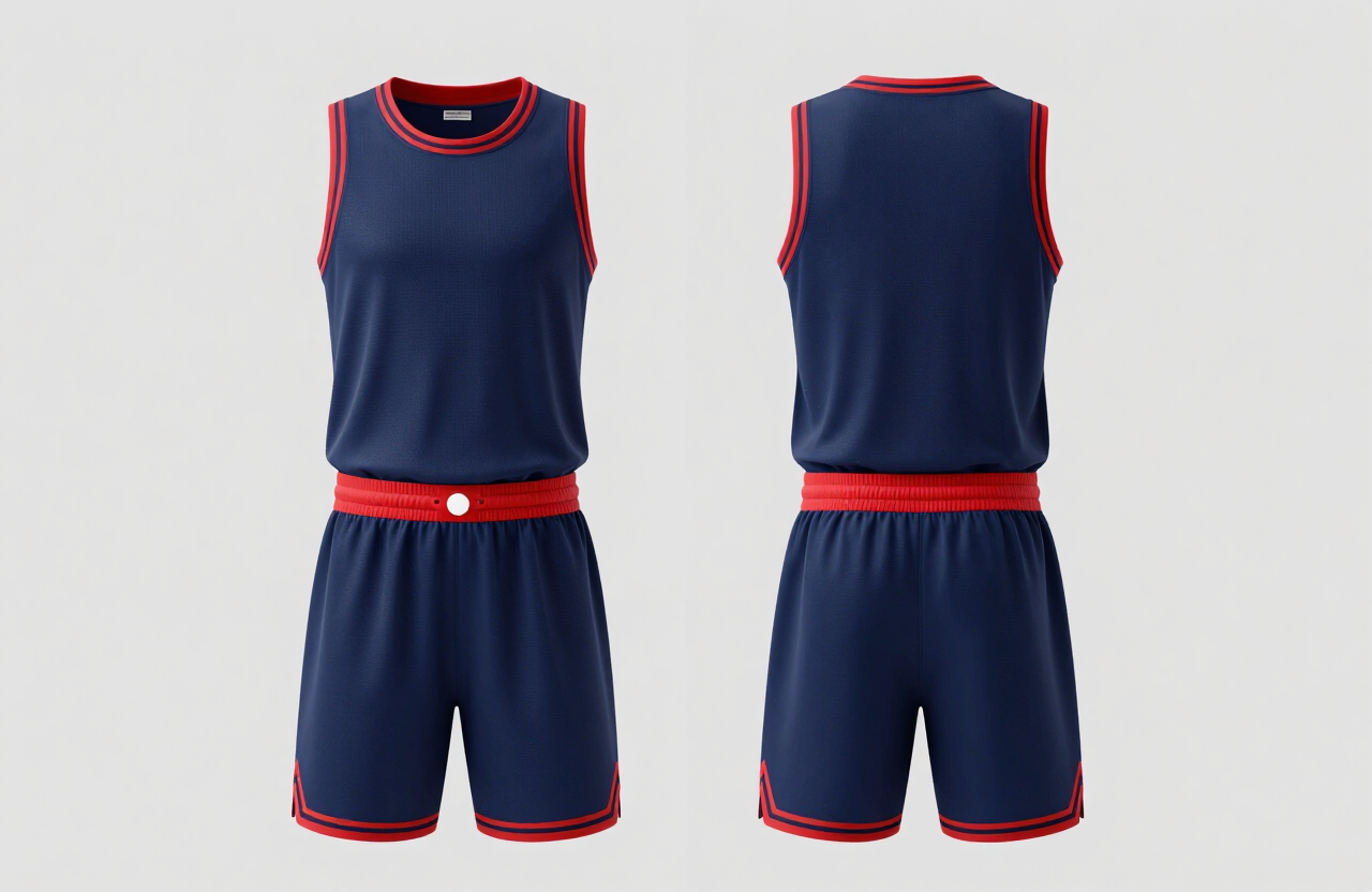Custom navy basketball uniform with red trim on a mannequin