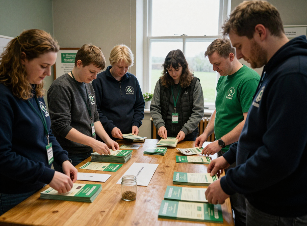 Volunteers preparing campaign leaflets together around a table in an Irish community hall