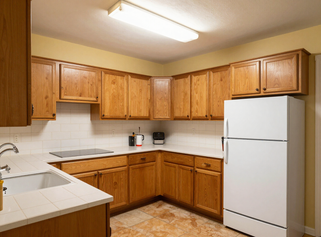Ballantyne kitchen before remodel, with original oak cabinets, laminate counters, and fluorescent lighting