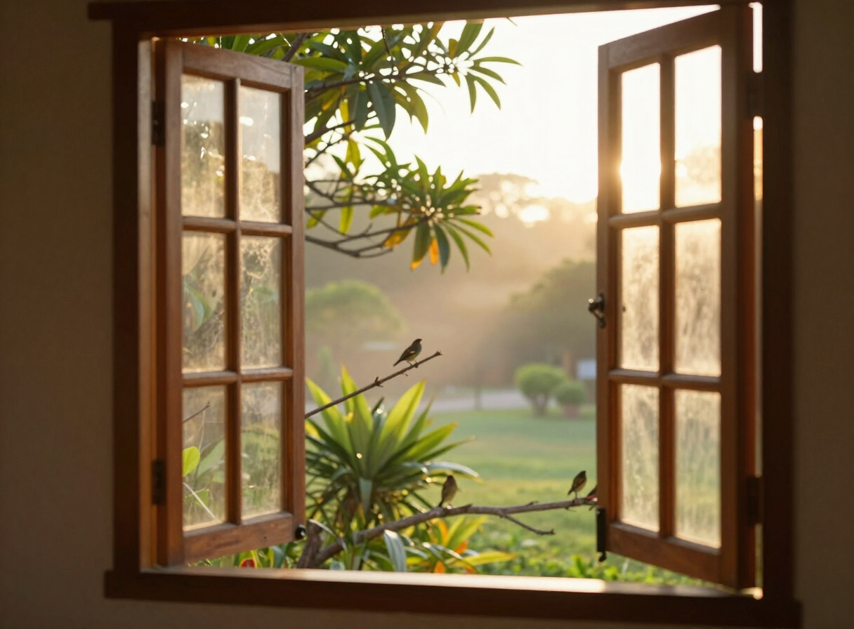 Janela aberta ao nascer do sol com vista para o jardim e pássaros