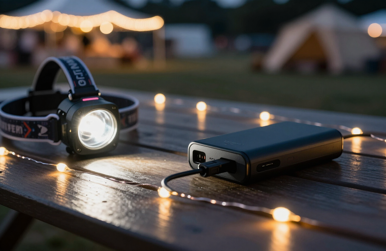 A headlamp, black portable power bank, and warm copper LED string lights glowing on a picnic table at a dark festival campsite