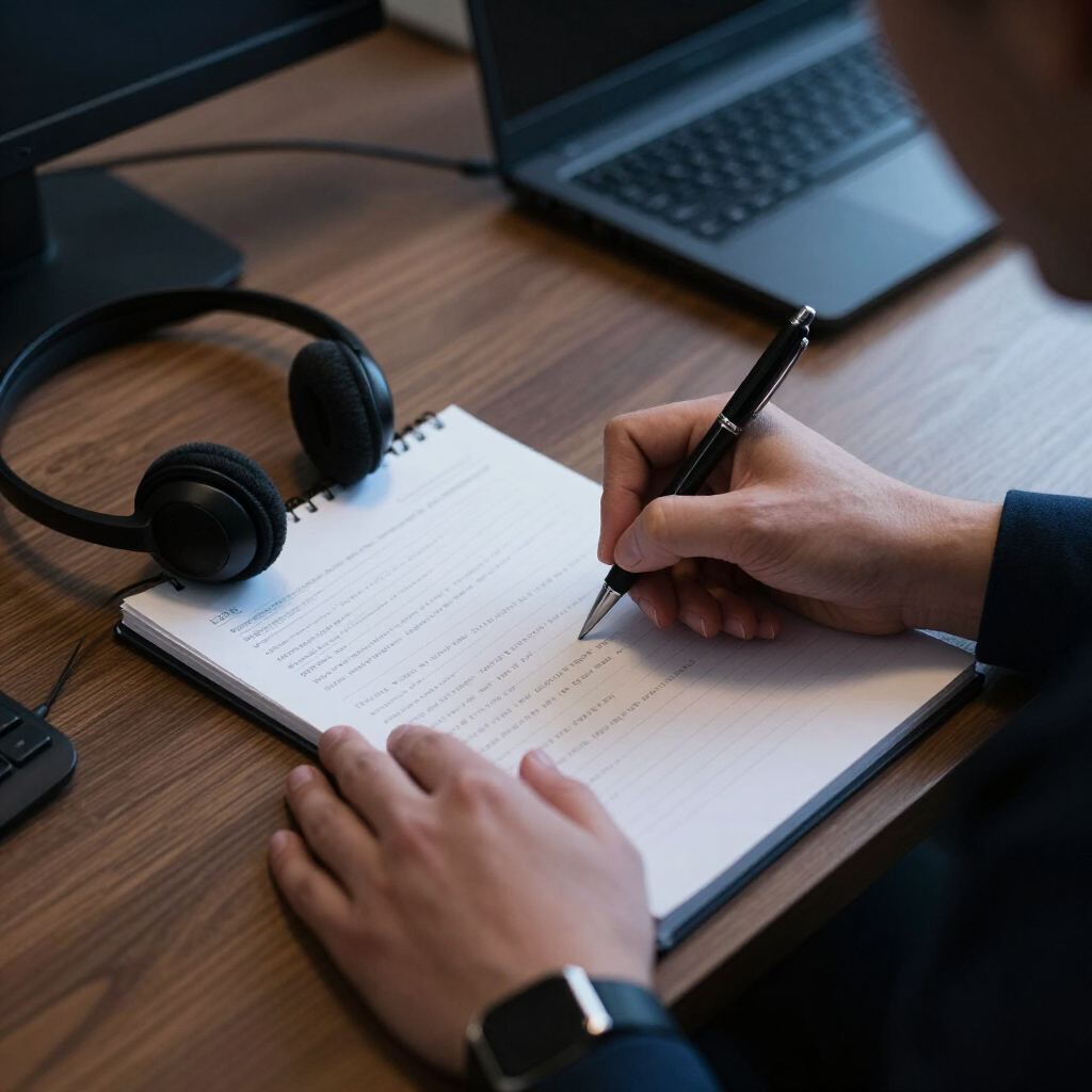 Hands writing a caller’s message on a paper notepad beside a headset