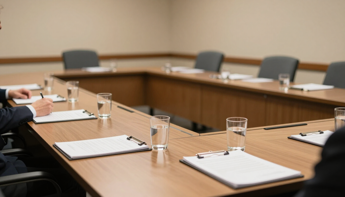 Conference room with a long table set up for mediation discussions