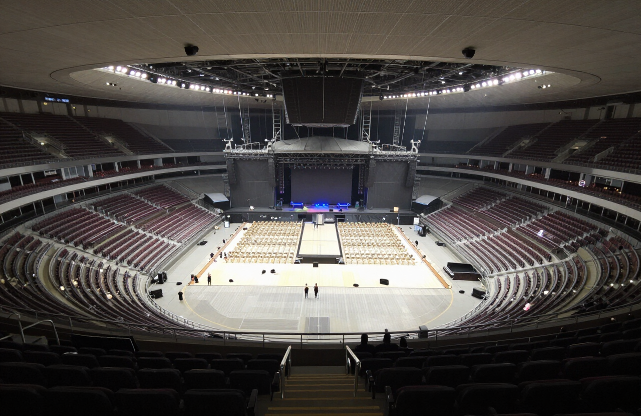 View from an upper-deck seat inside a large modern concert arena bowl, showing the general seating bowl and floor section sightlines toward the stage
