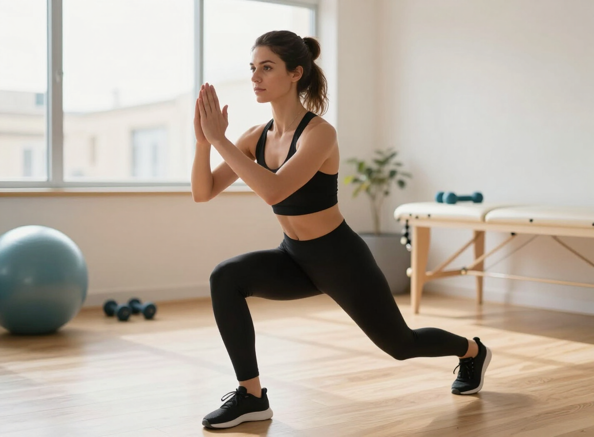 An athlete performing a controlled lunge in a bright physiotherapy clinic