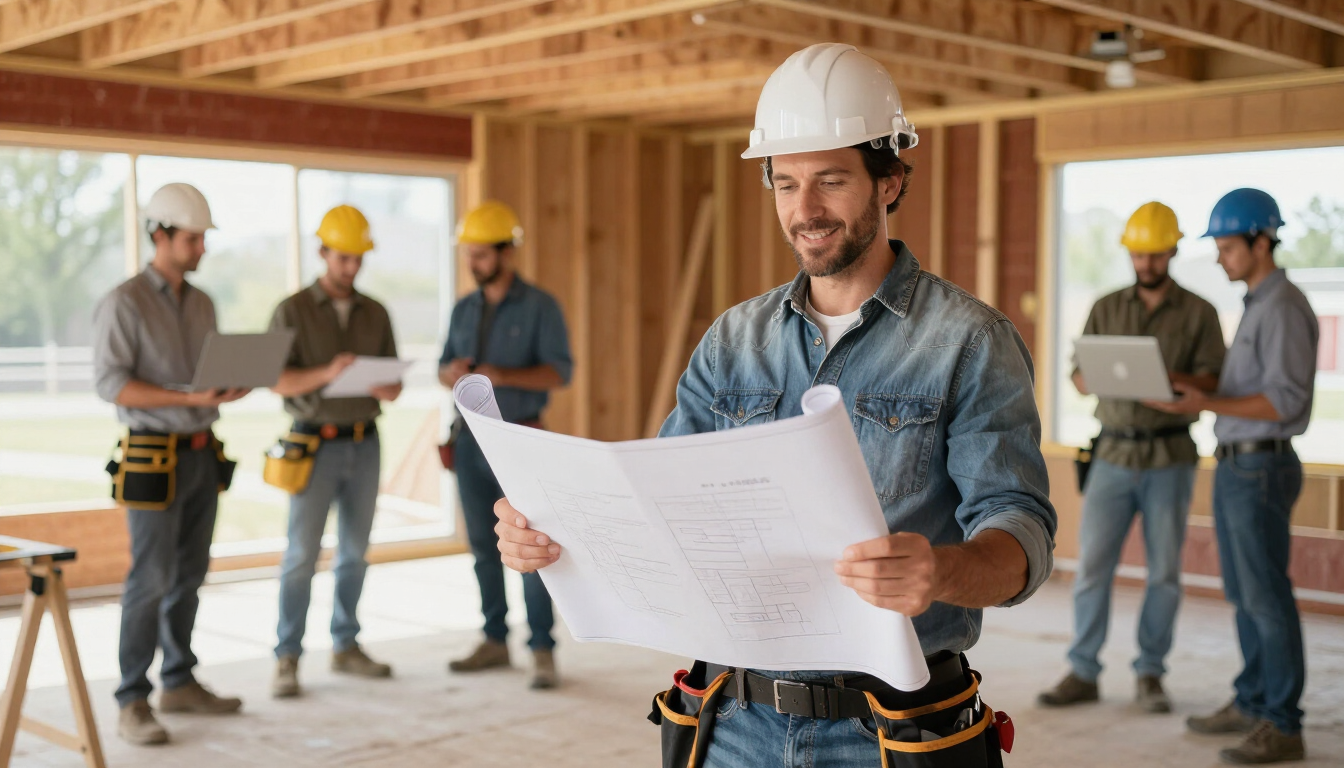 Contractor reviewing blueprints and business plans with a small crew at a job site