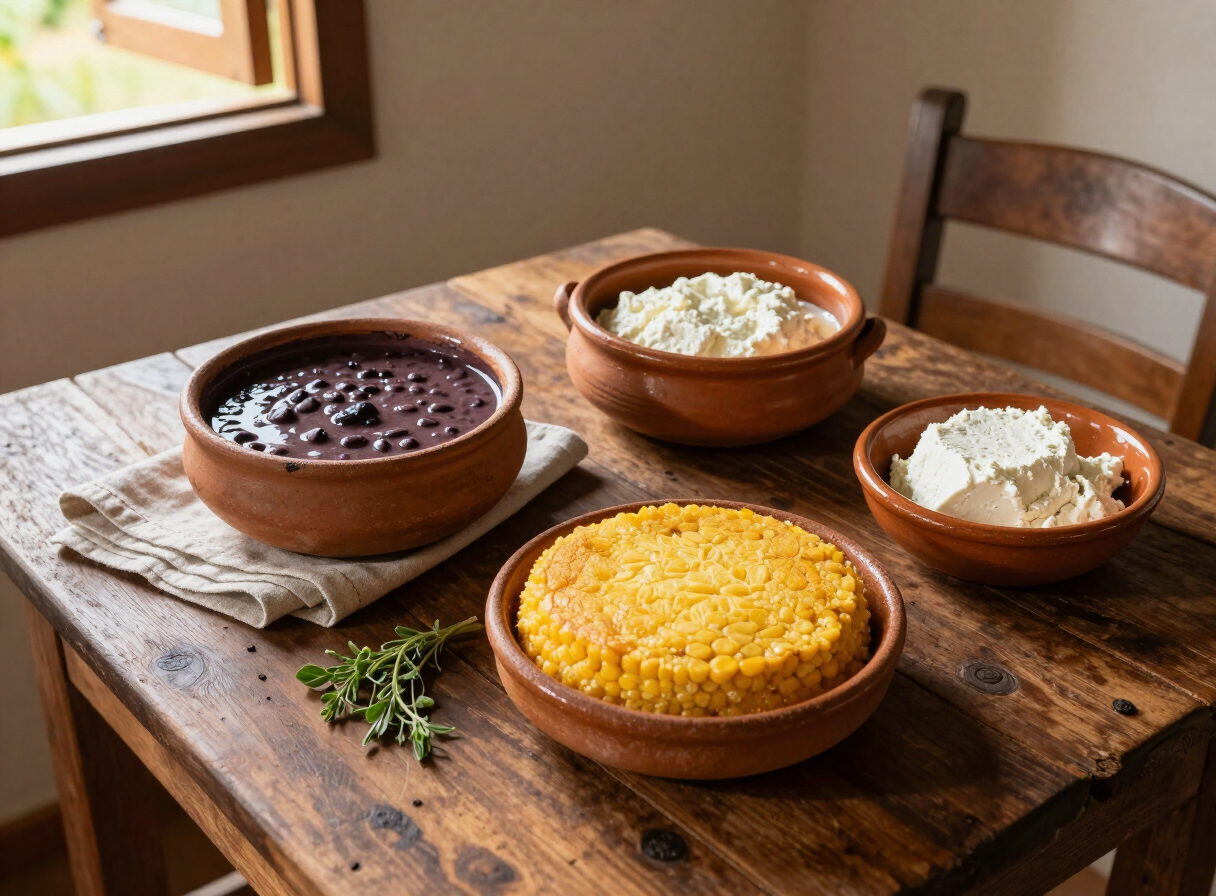Mesa de madeira com feijão na panela de barro, broa de fubá e queijo fresco