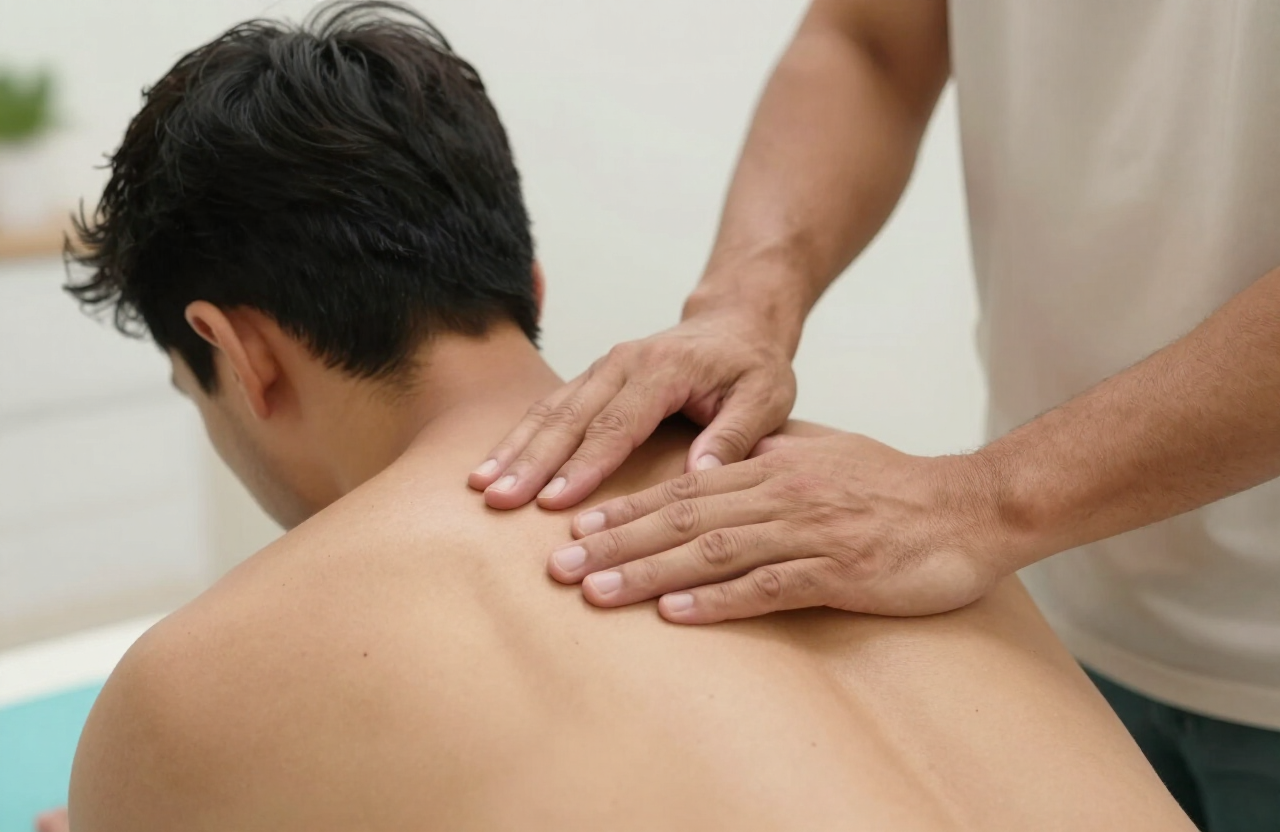 Mãos de profissional realizando um ajuste manual suave na parte superior das costas de um paciente em clínica clara