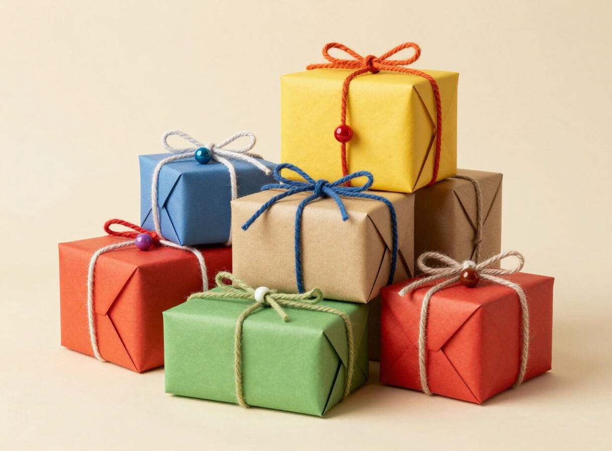 Colourful handmade gifts wrapped with yarn bows and beaded charms