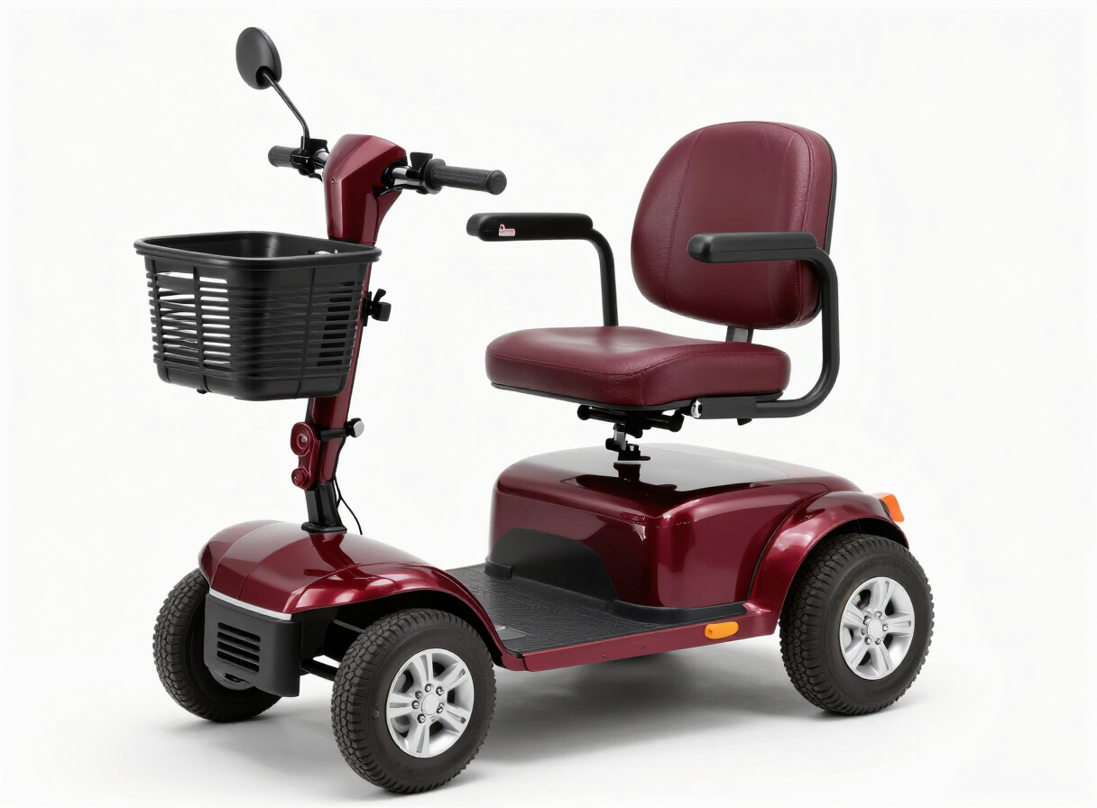 Empty burgundy four-wheel mobility scooter with basket and padded seat