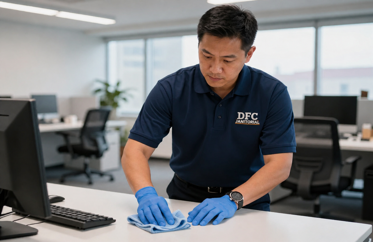Professional man cleaning modern office space