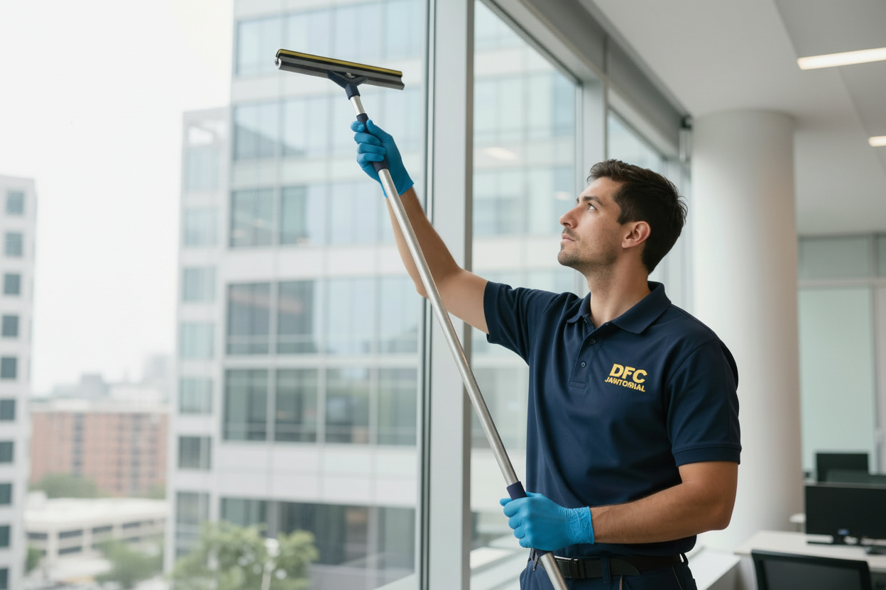 Professional janitor cleaning office windows