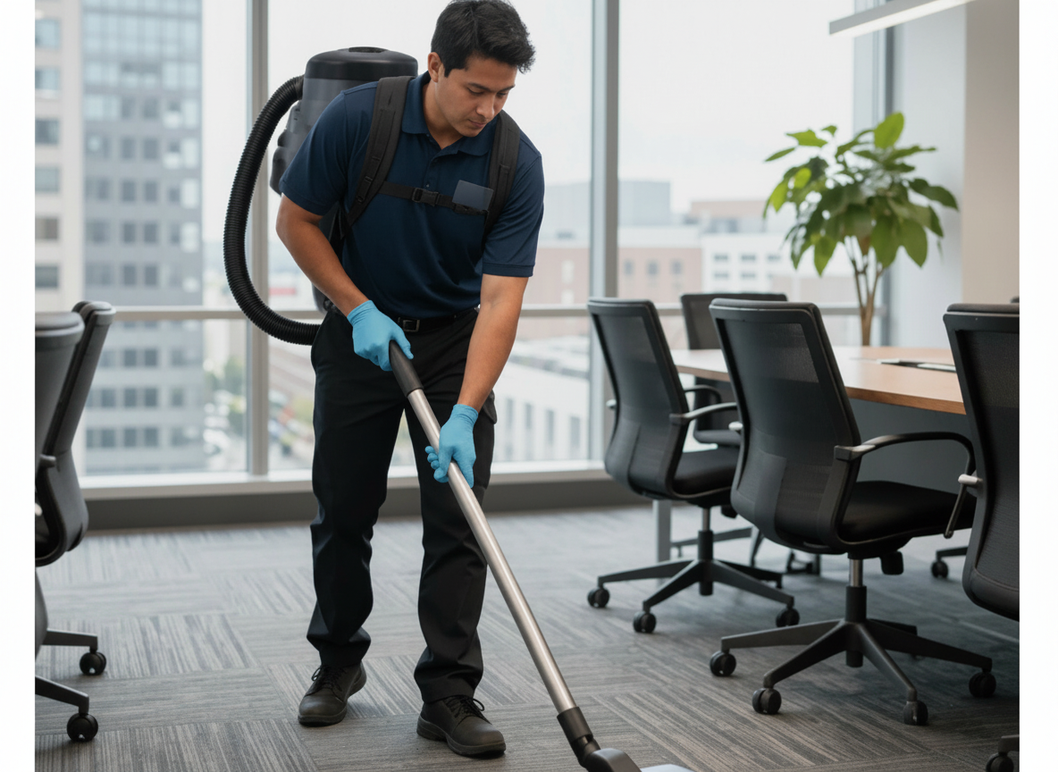 Professional cleaner vacuuming an office carpet
