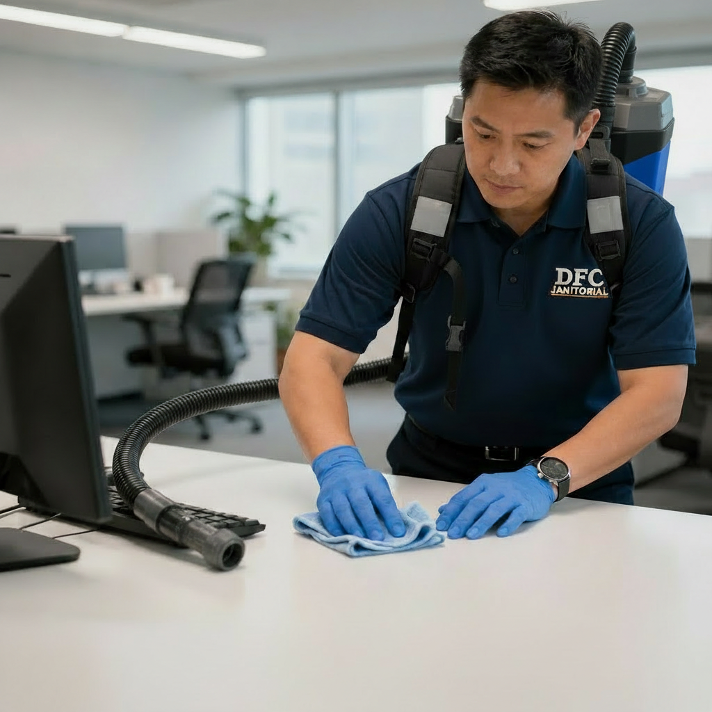 Professional janitor cleaning a modern Wilsonville office space