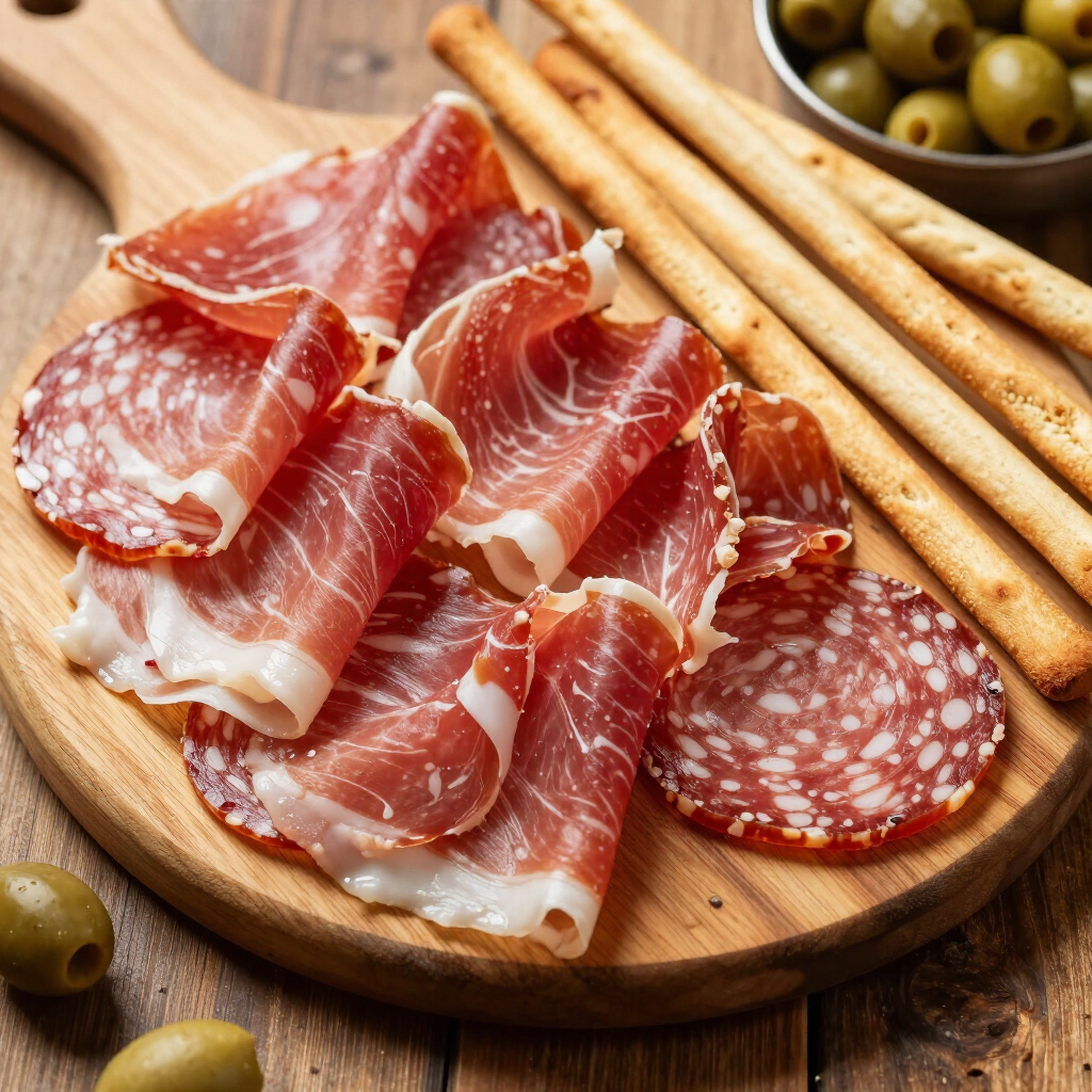 Hauchdünn aufgeschnittener Prosciutto und Salami auf einem Holzbrett mit Grissini