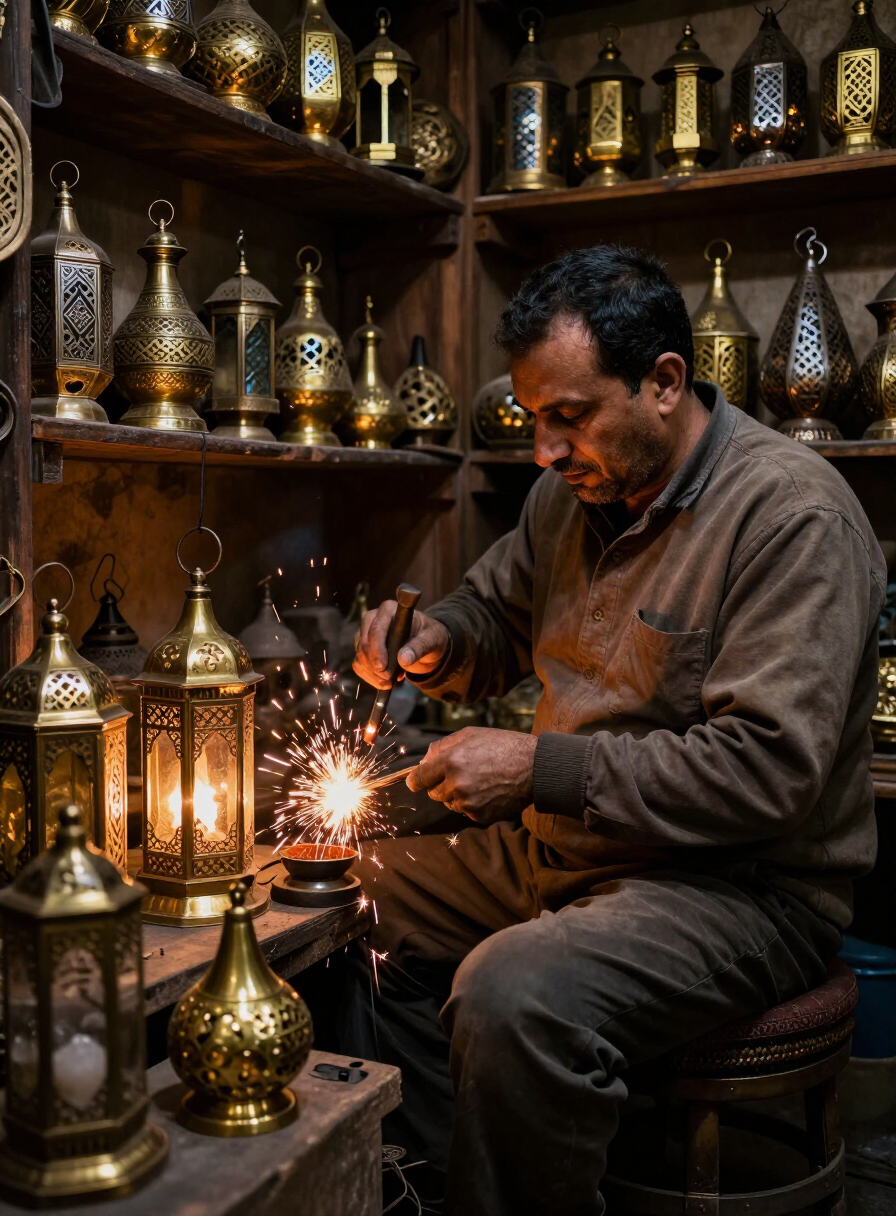 A craftsman hammering brass lanterns in a workshop in the medina of Fès el-Bali