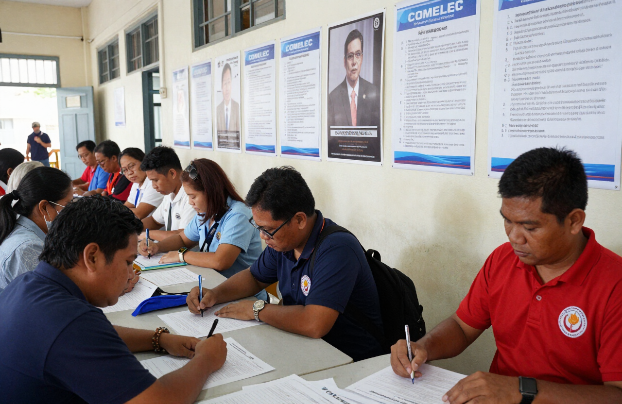 Residents fill out registration forms at a COMELEC satellite site. Registration for the 2028 elections runs until September 2027.