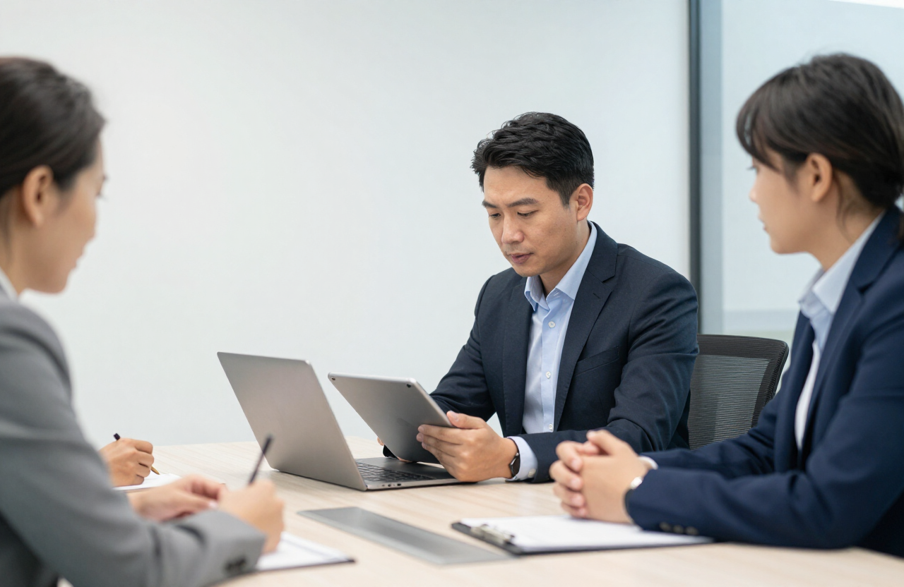 Business professionals reviewing documents together