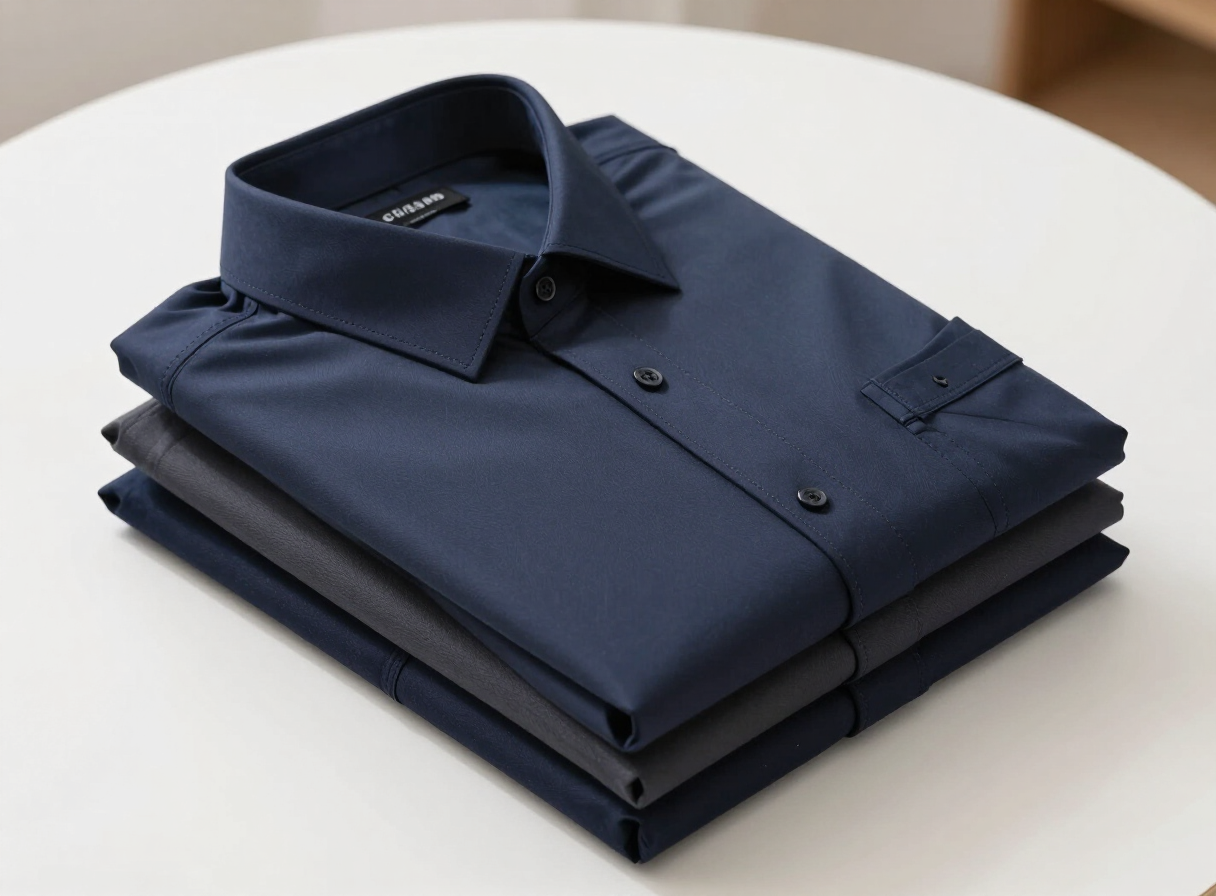 Folded branded business uniform shirts in navy, charcoal and white