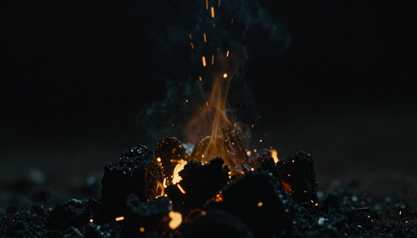 Golden embers and black ash drifting in darkness