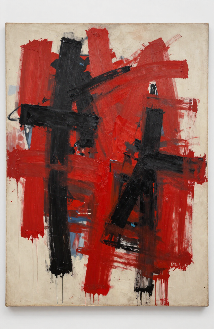 A large gestural abstract painting of vermilion and black brushstrokes on cream canvas