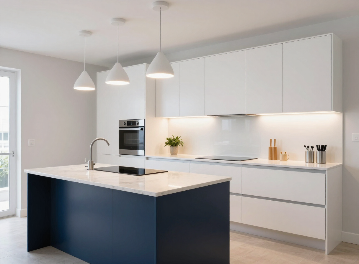 Cocina renovada con isla azul y muebles blancos sin tiradores
