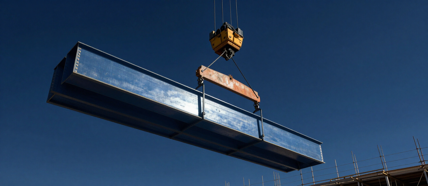 Industrial crane lifting heavy steel beams at a construction site