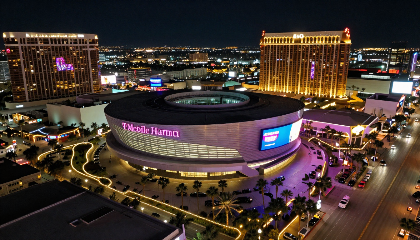 Aerial view of T-Mobile Arena on the Las Vegas Strip at night with surrounding resorts and The Park entertainment district.