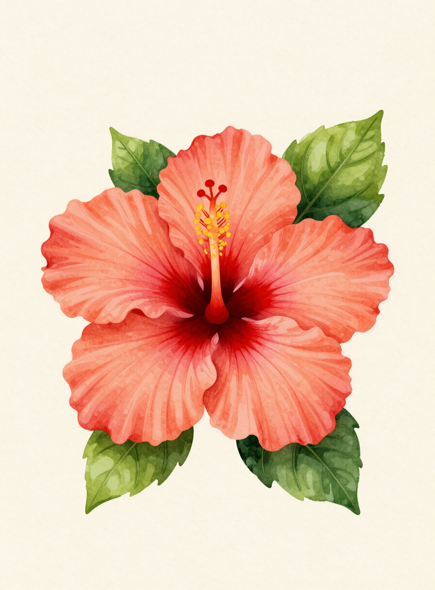 Watercolor painting of a coral Hibiscus