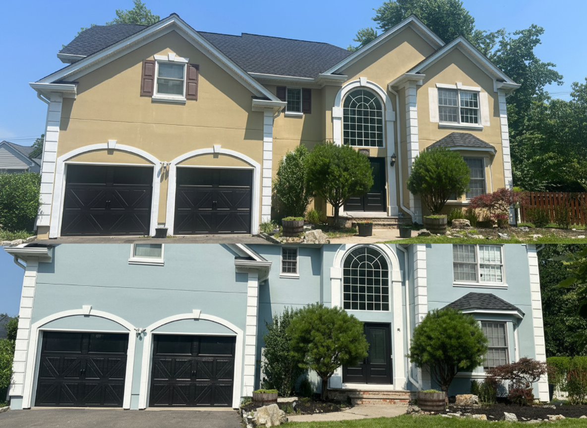 Fort Lee colonial home after exterior painting - fresh light blue-gray stucco with white trim